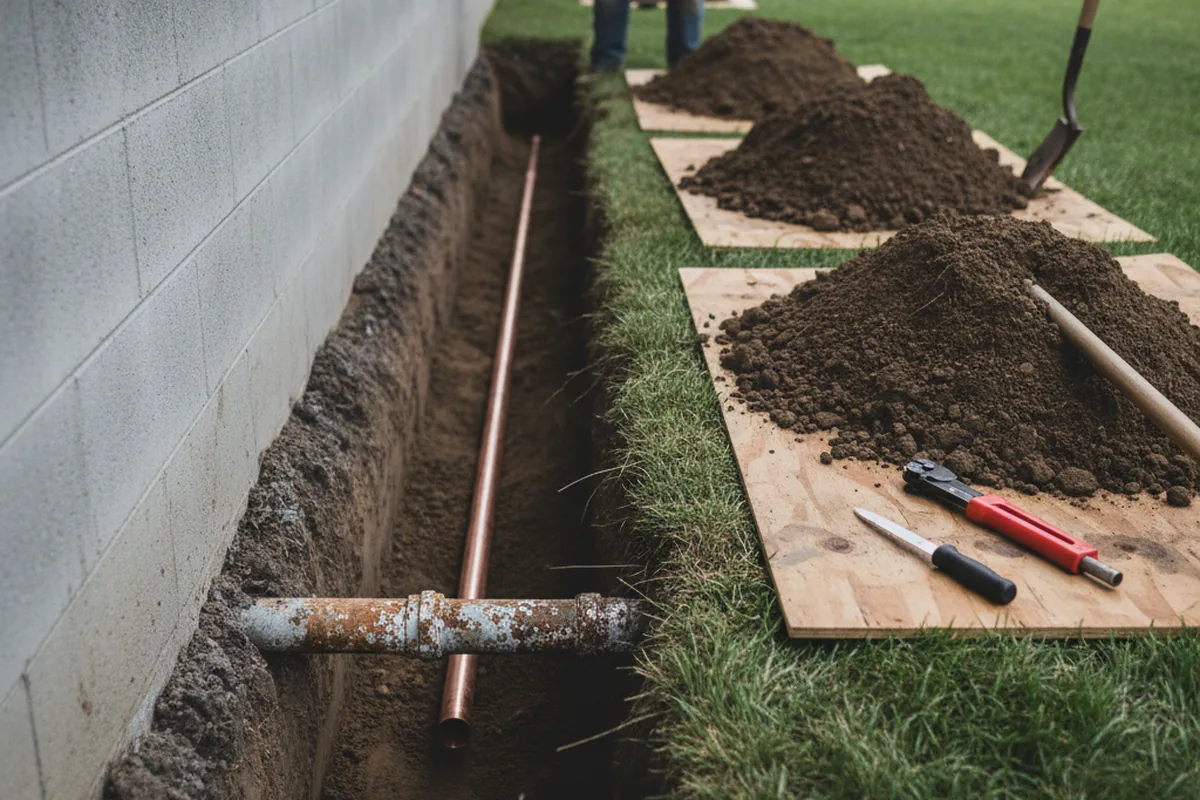 Excavated water line trench during Water Softener Installation in Indian Lake Estates
